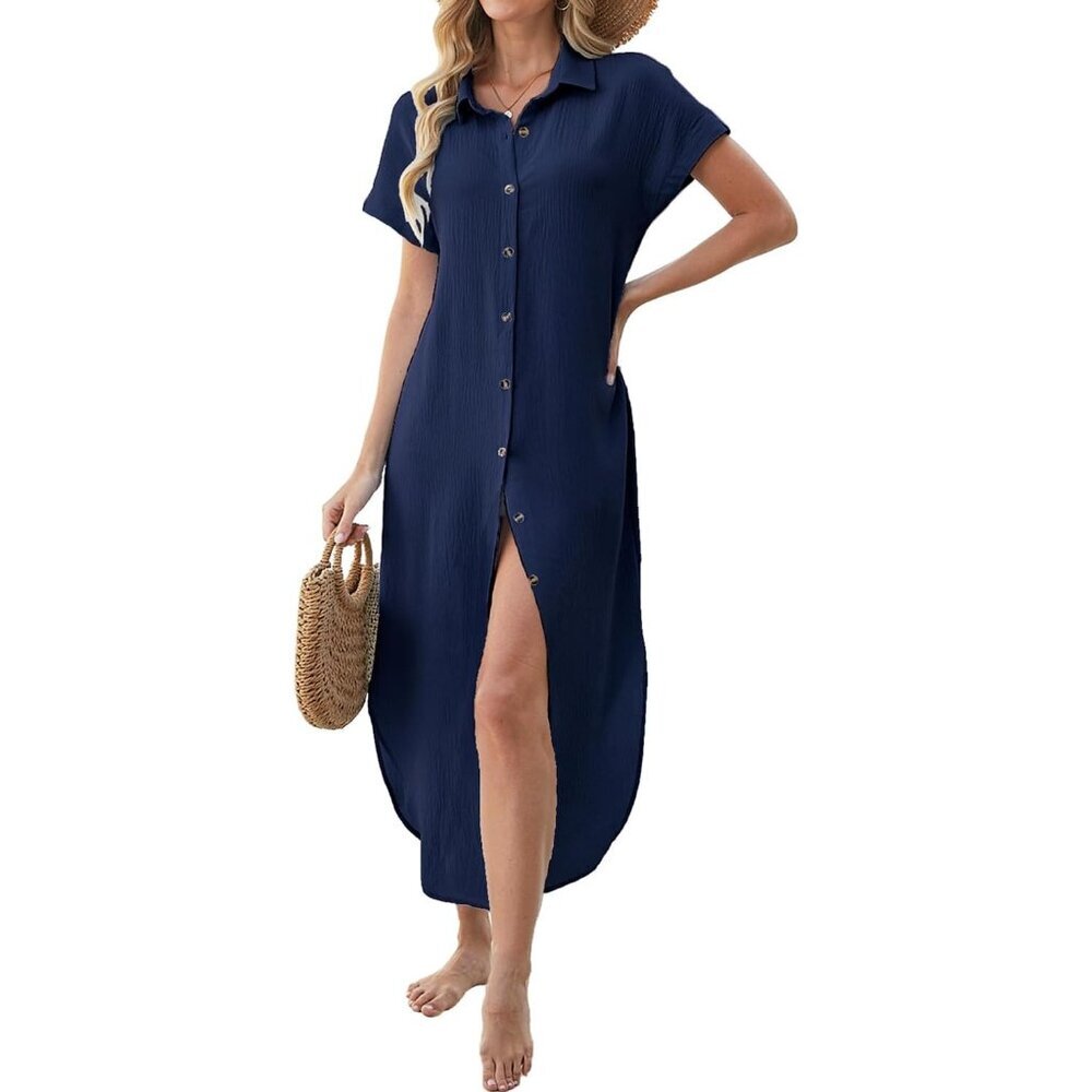 Women Navy Blue Long Maxi Button Down Summer Bikini Swimsuit Cover Beach Dress